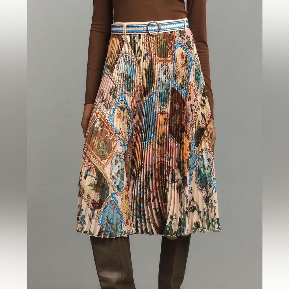 NWT Anthropologie Ranna Gill Pleated Midi Skirt Bird and Floral Print XL - Picture 2 of 11